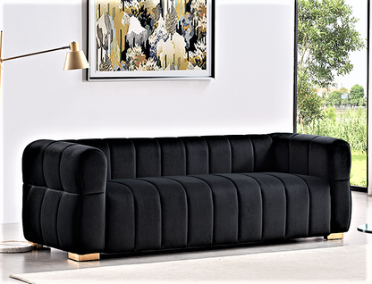 Velvet 3-Seater Sofa with Tufted Low Back, 89-Inch Wide, Easy Assembly, Art Deco Living Room Couch Black