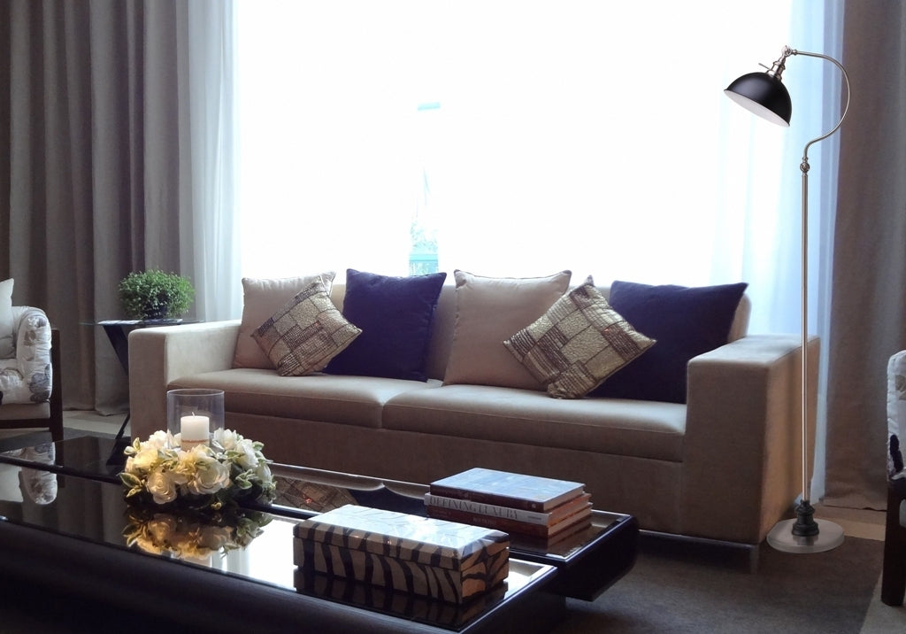 Arched Floor Lamp, Adjustable Head, Weighted Base, Black Shade, LED Compatible, 69-Inch Tall Satin Nickel