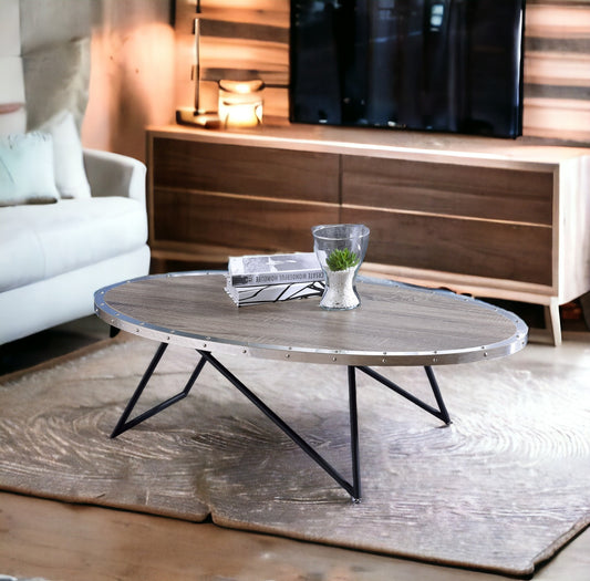 Oval Coffee Table with Wooden Top and Metal Base, 46W x 23L x 15H, 70lb Weathered Gray Oak & Metal Finish