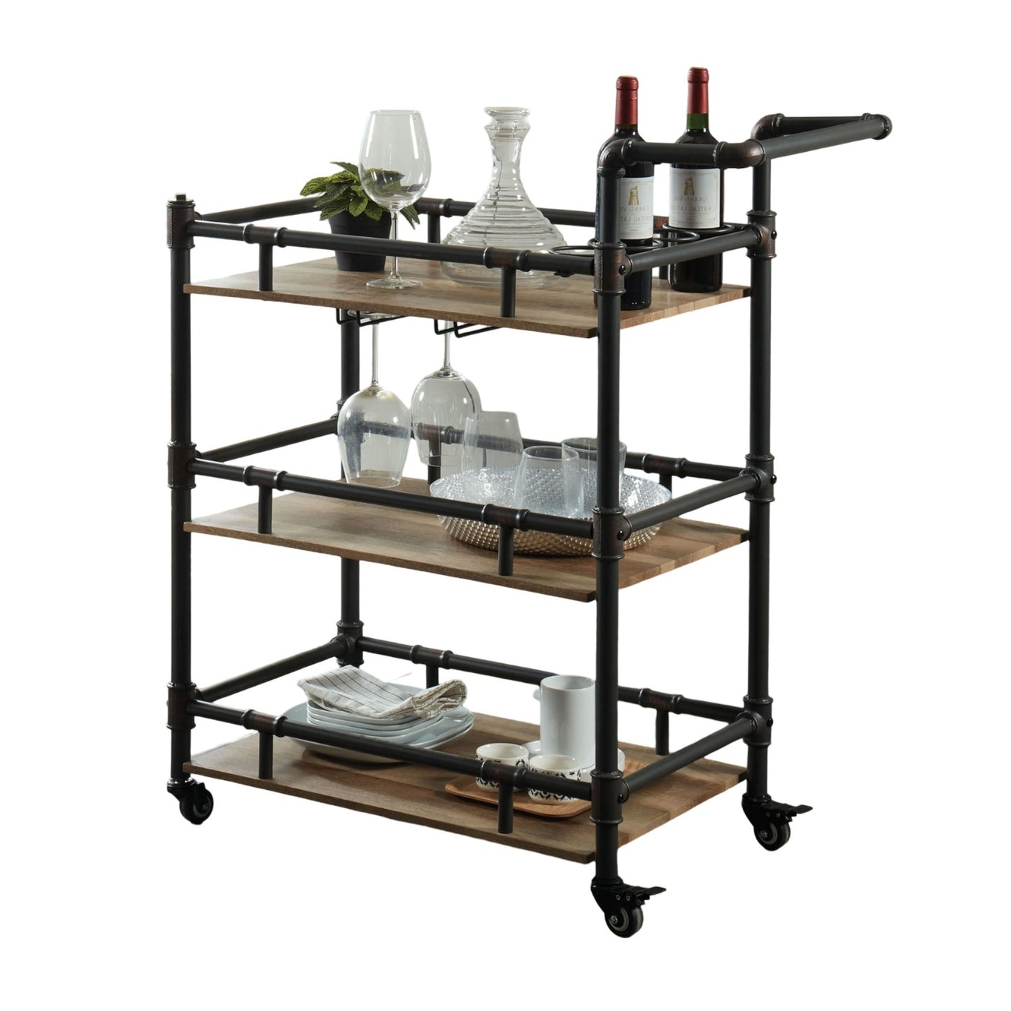 Rustic Industrial Three Tier Serving Cart Oak Finish Frame