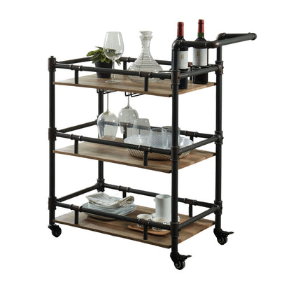 Rustic Industrial Three Tier Serving Cart Oak Finish Frame