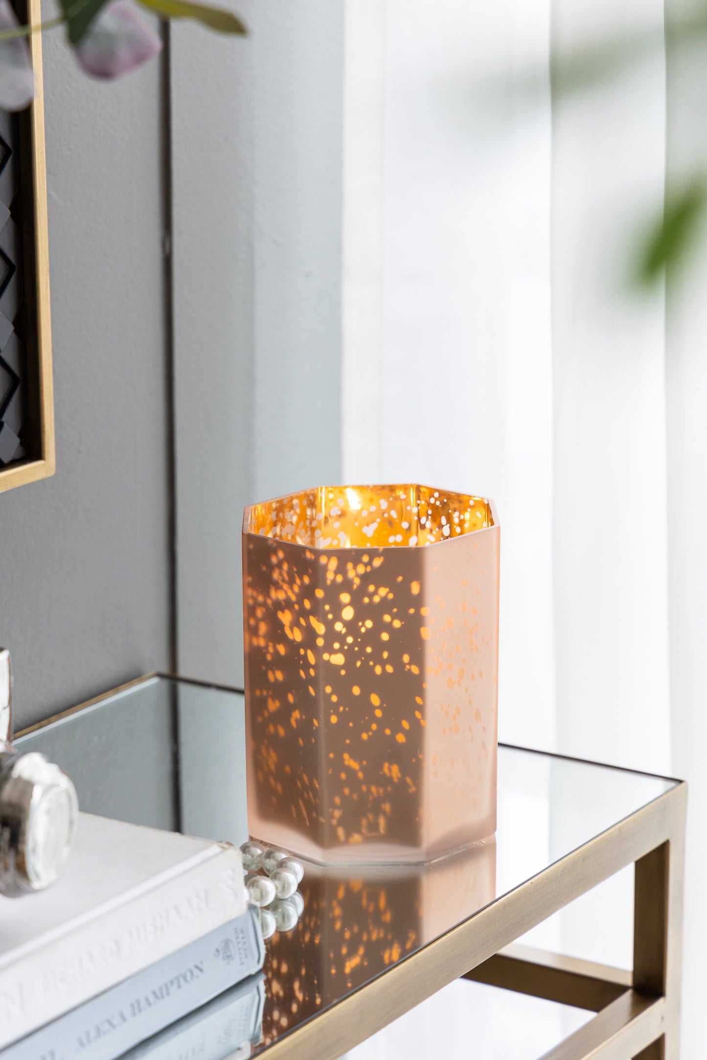 Octagonal Glass Candle Holder, Frosted Exterior Mercury Interior, 5.1 x 5.1 x 5.9 in, 4-Pack, Pink