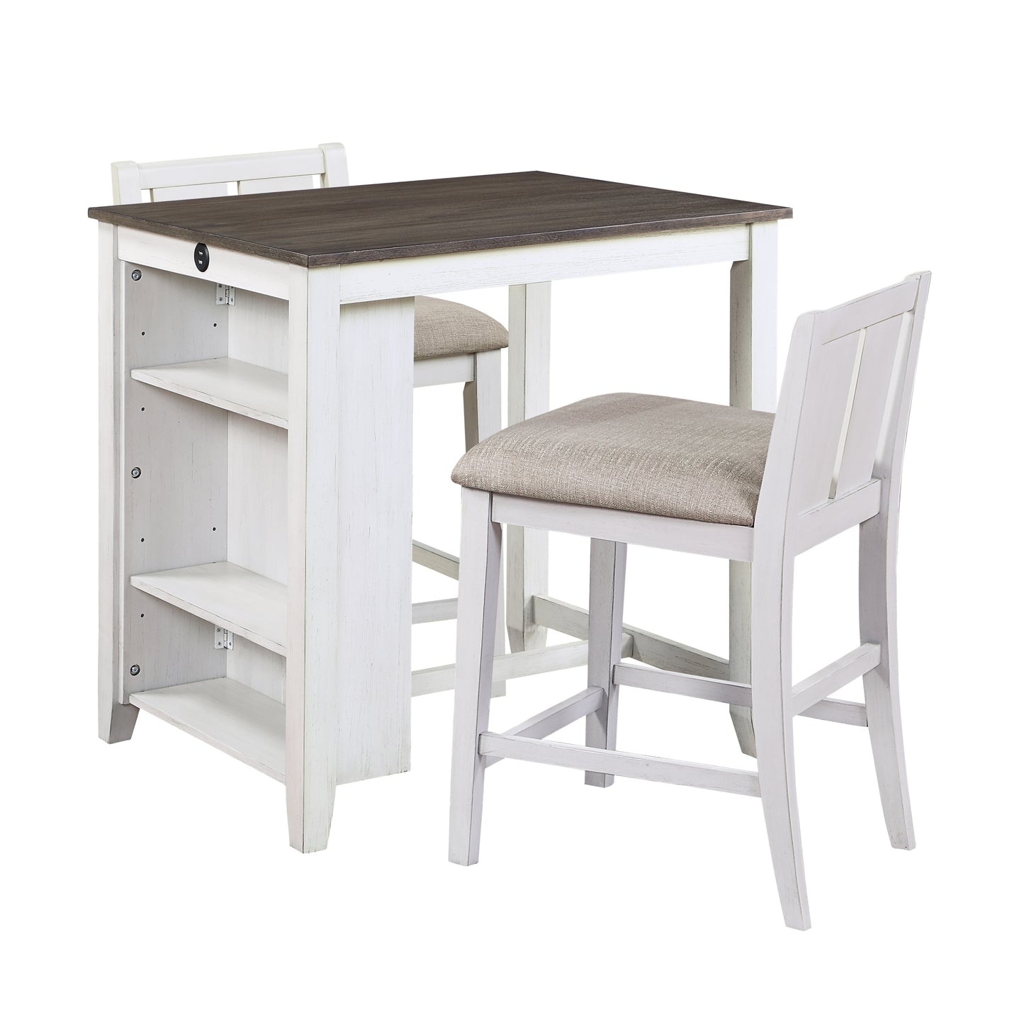3-Piece Counter-Height Dining Set, USB Ports, 2 Upholstered Chairs, Transitional, White and Gray Finish