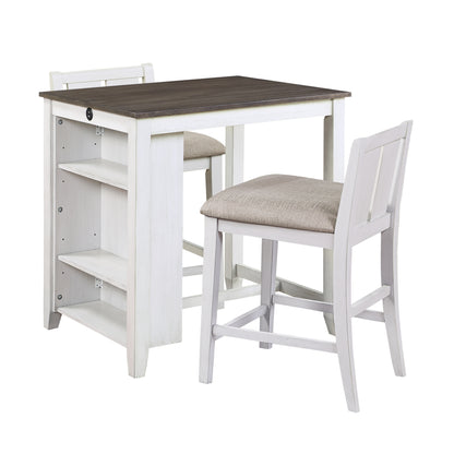 3-Piece Counter-Height Dining Set, USB Ports, 2 Upholstered Chairs, Transitional, White and Gray Finish