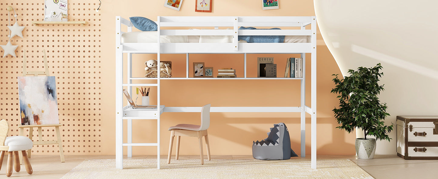 Twin Loft Bed with Integrated Desk and Shelves, Safety Guardrails, and Ladder in White