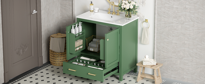 30" Elegant Green Bathroom Storage Vanity with Integrated Undermount Sink and Soft-Close Features