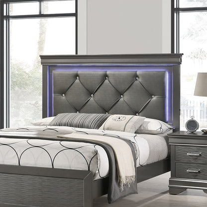 Elegant Dark Gray Faux Leather Queen Bed with Tufted Headboard and LED Lighting