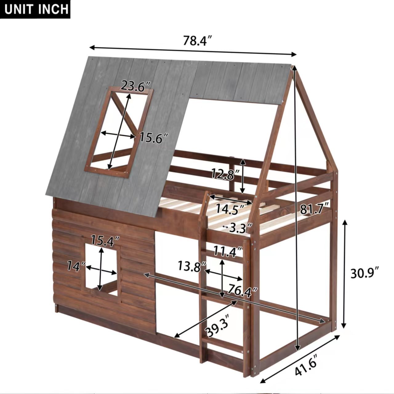 Charming Oak & Smoky Grey Twin Size House Bunk Bed with Roof, Ladder, and Two Windows