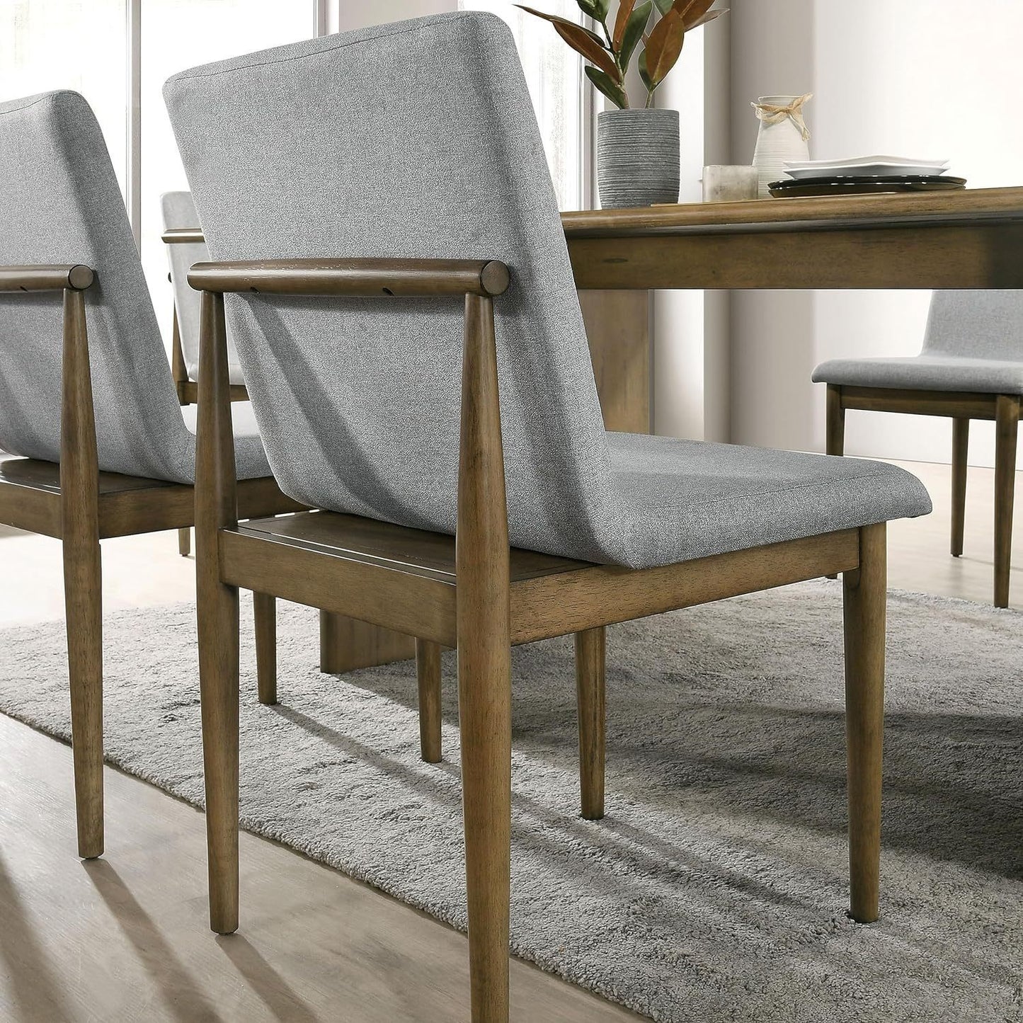 Set of 2 Mid-Century Dining Chairs, Solid Wood Frame, Upholstered Seats, 19W x 22.75D x 34.5H Light Gray