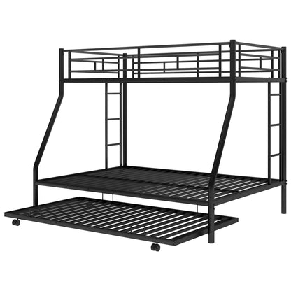 Stylish Twin over Full Bunk Bed with Twin Trundle and Dual Ladders - Sturdy Steel Frame in Black