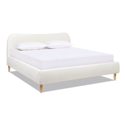 Ivory White Boucle King Platform Bed with Curved Upholstered Headboard