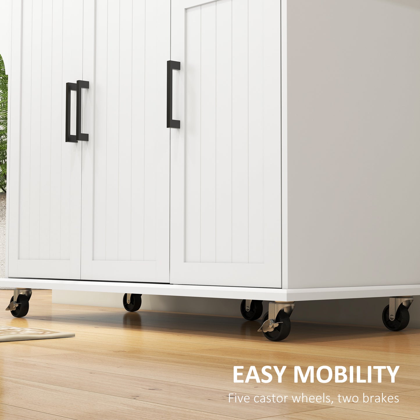 Rolling White Kitchen Island Cart with Stainless Steel Top, Storage Drawers, and Wheels