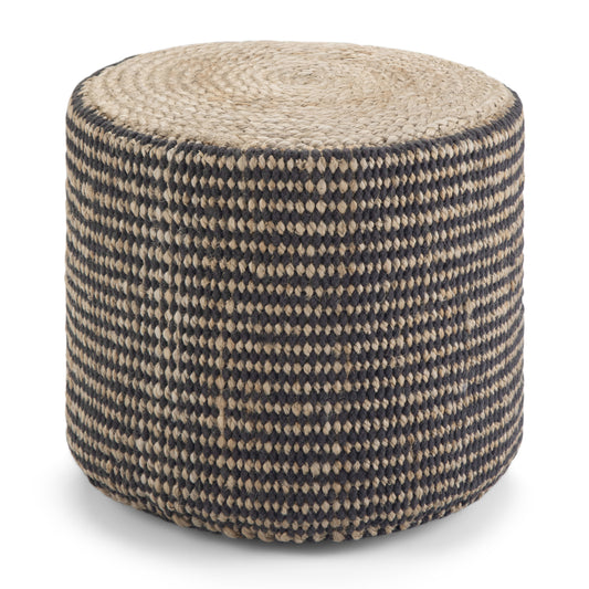 Round Braided Jute Pouf Footstool – 18-Inch Dia, 14-Inch H, Bead Fill, Fully Assembled, Natural-Black