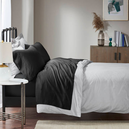 Queen Size Cotton-Blend Sheet Set, Wrinkle-Resistant Sateen, Deep Pocket Fitted, 18-Inch, Black