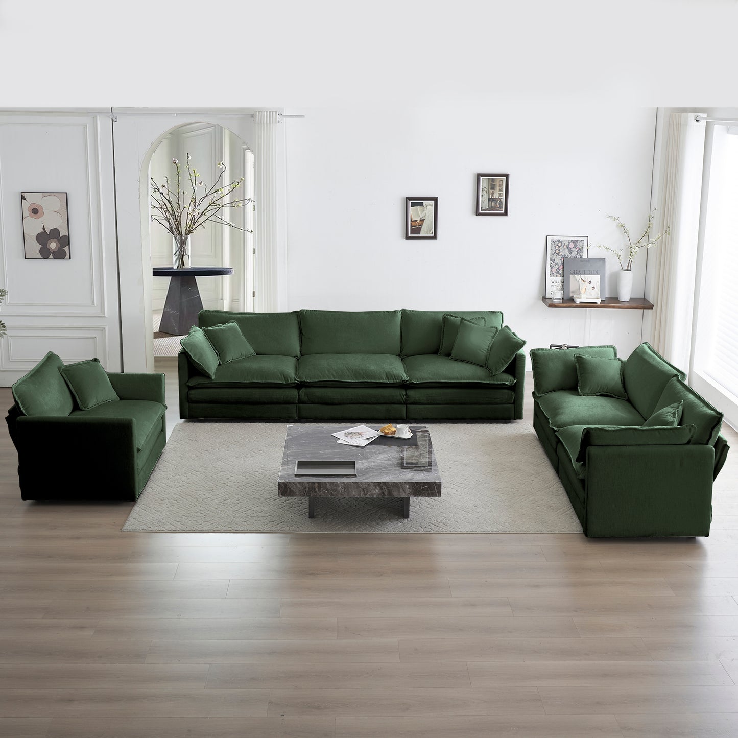 Modular 3-Piece Sectional Sofa Set for Living Room with Extra-Deep Seats, Chenille, Green Chenille