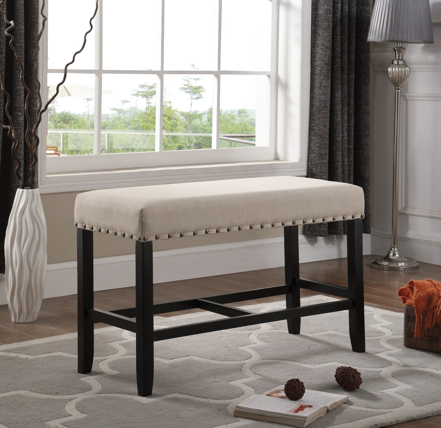Counter Height Dining Bench with Nailhead Trim, 41W x 16.5D x 25.5H, Linen, Hardwood Legs - Tan