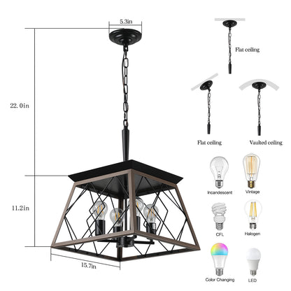 Farmhouse 4-Light Chandelier for Kitchen Island&Dining Iron Pendant with Adjustable Chain Walnut + Black