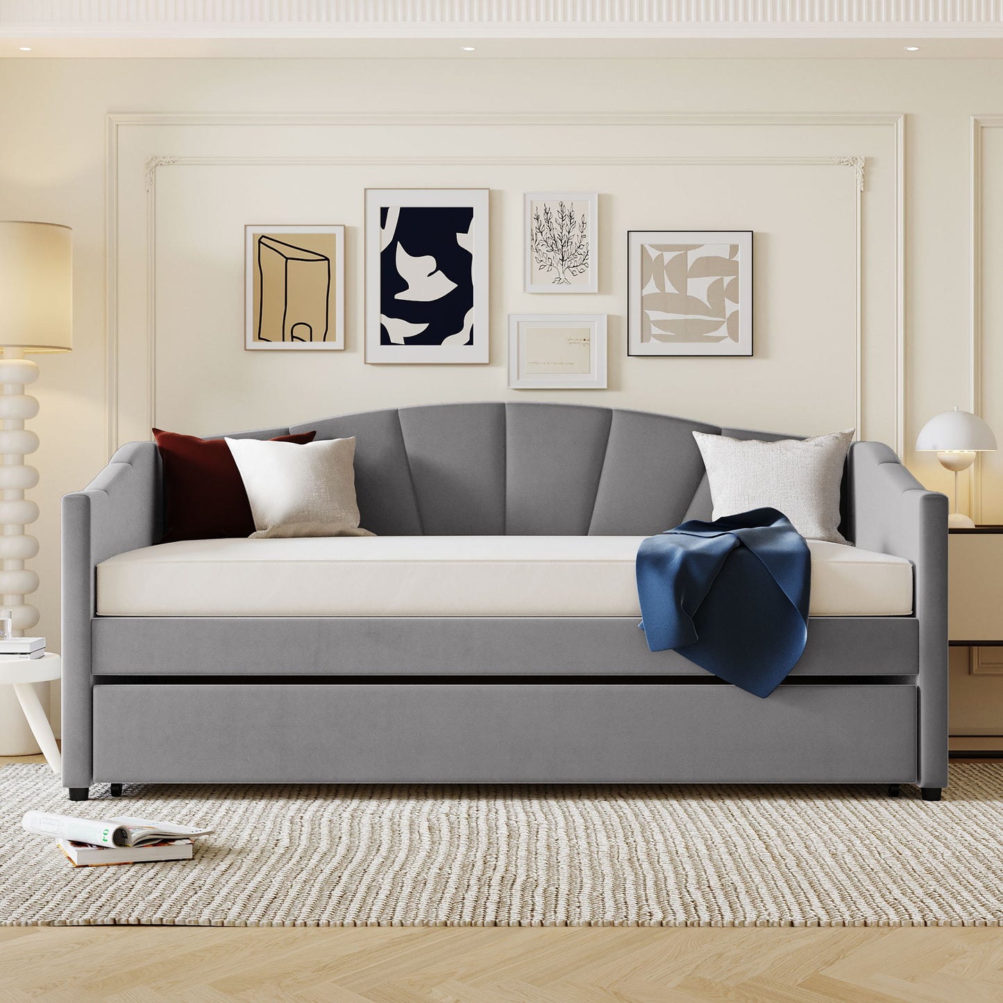 Elegant Gray Upholstered Twin Daybed Sofa with Trundle and Wooden Slats