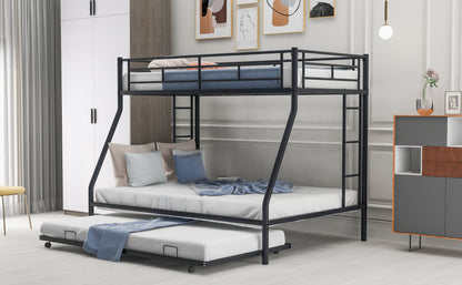 Stylish Twin over Full Bunk Bed with Twin Trundle and Dual Ladders - Sturdy Steel Frame in Black