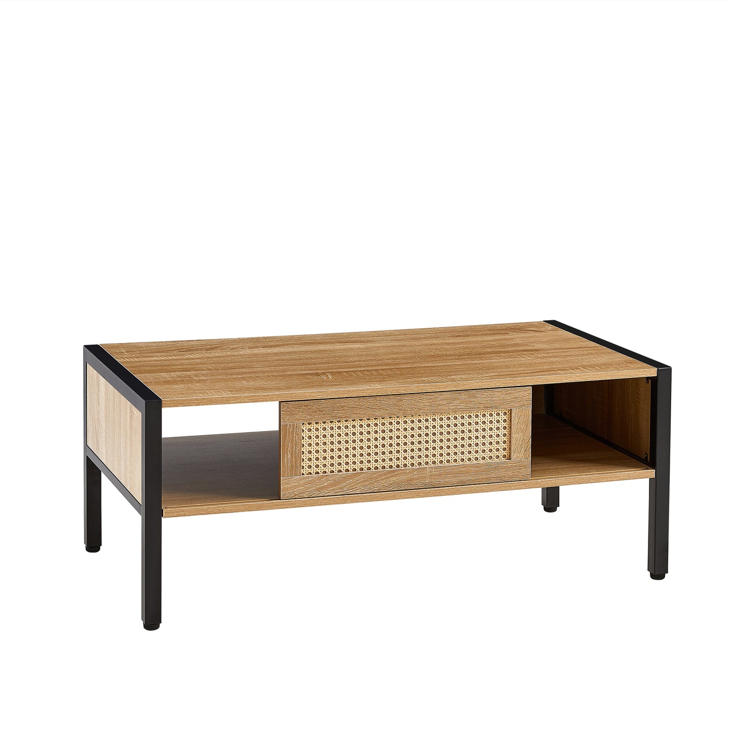 Rectangular Coffee Table with Sliding Door Storage, MDF & Metal, Rattan Panels, 40.16 in L Natural Finish