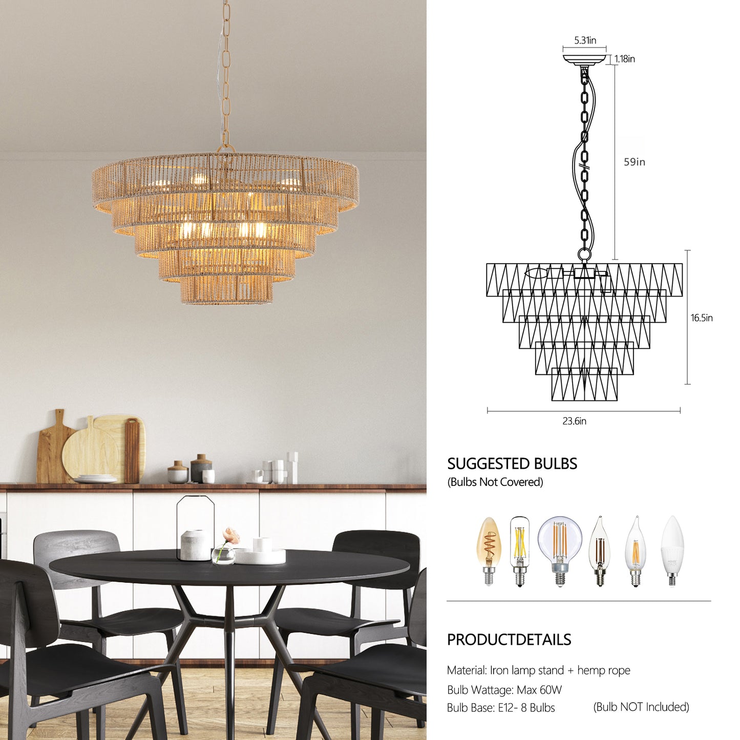 Bohemian Woven Pendant Light, 23.6-Inch, 8-Bulb E12 Dimmable Rattan Chandelier, Adjustable, Wood