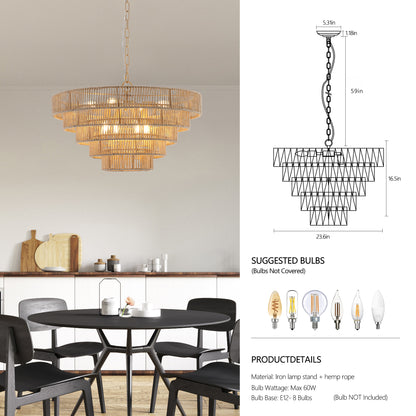 Bohemian Woven Pendant Light, 23.6-Inch, 8-Bulb E12 Dimmable Rattan Chandelier, Adjustable, Wood