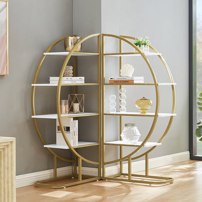 Modern 4-Tier Round Open Bookshelf with Gold Metal Frame and Adjustable Placement Options
