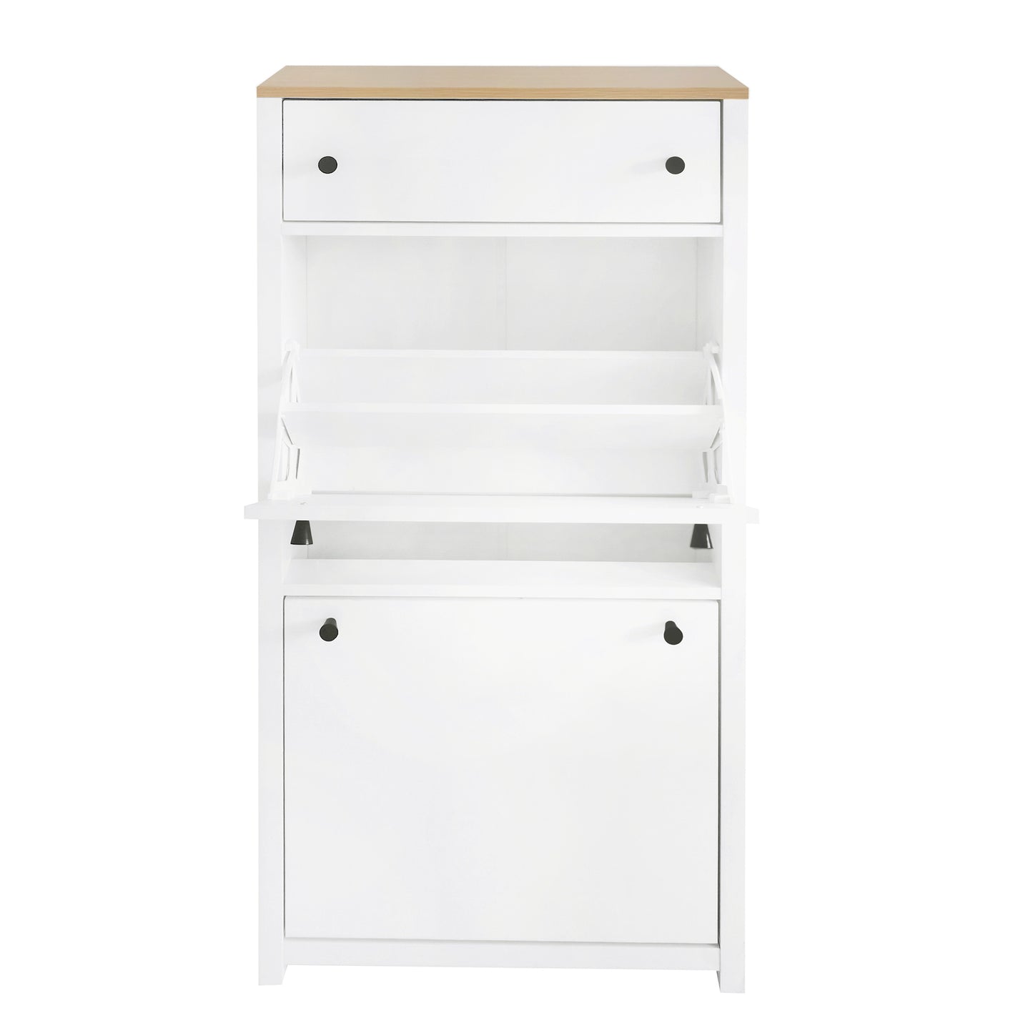 Contemporary White Shoe Cabinet with Wood Grain Top, Adjustable Drawer Organizer and 2 Flip Storage Sections for Entryway