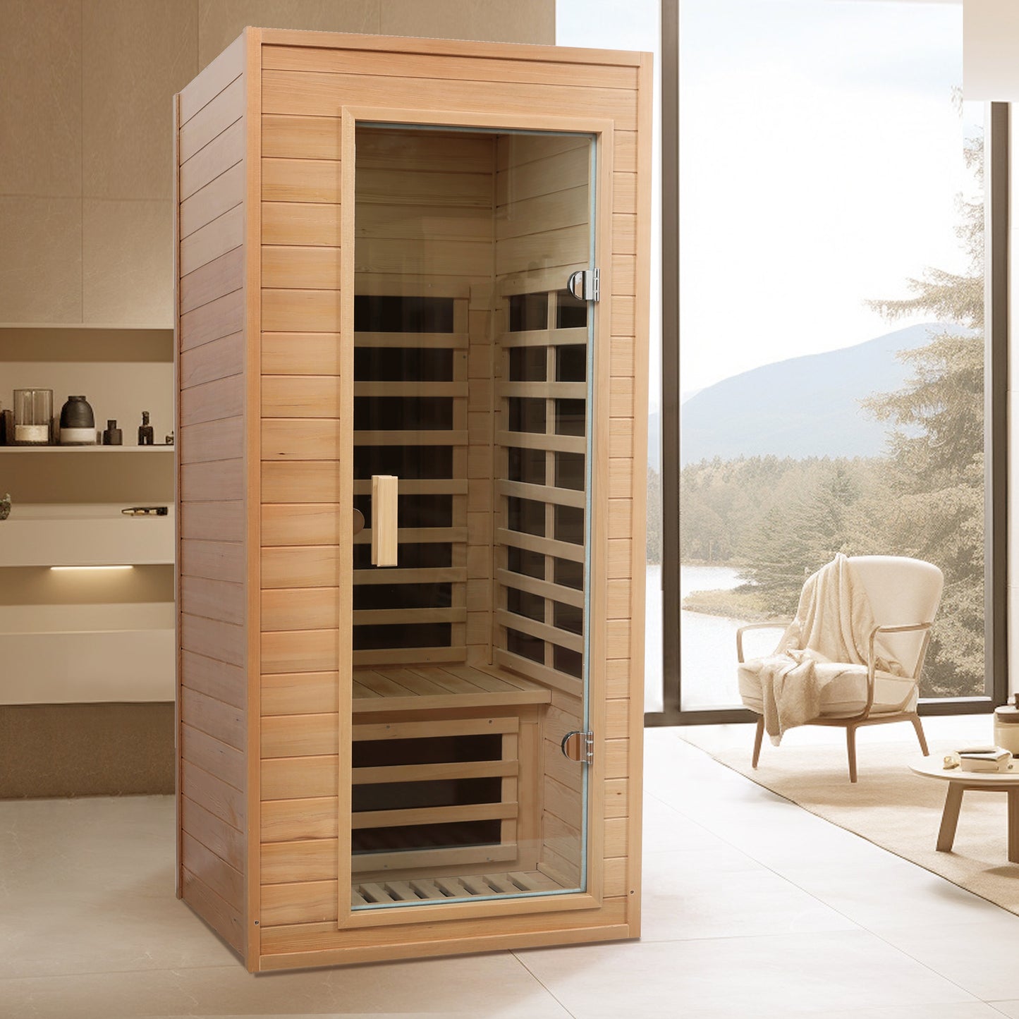 One-Person Far Infrared Indoor Sauna Room, 1290W, 5 Heaters, Hemlock Wood, Bluetooth, Natural