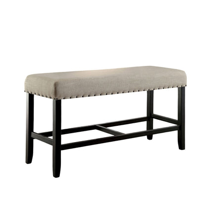 44W Counter Height Dining Bench, 25H, Solid Wood, Linen Beige Upholstery, Nailhead Trim, Rustic, Black