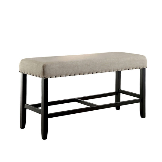 44W Counter Height Dining Bench, 25H, Solid Wood, Linen Beige Upholstery, Nailhead Trim, Rustic, Black