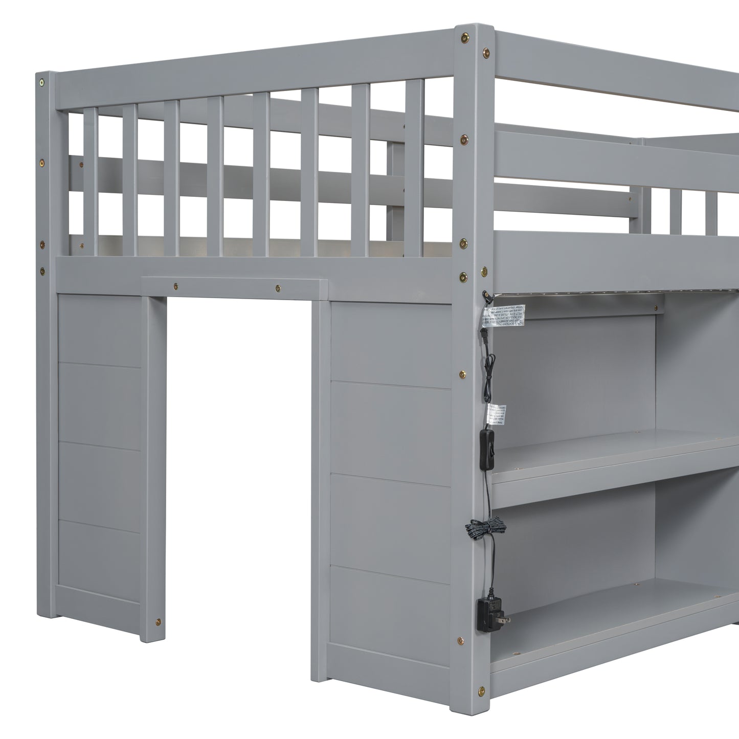 Twin Size Low Loft Bed for Kids with Dual Shelving and LED Lights in Grey