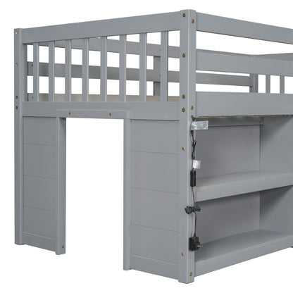 Twin Size Low Loft Bed for Kids with Dual Shelving and LED Lights in Grey