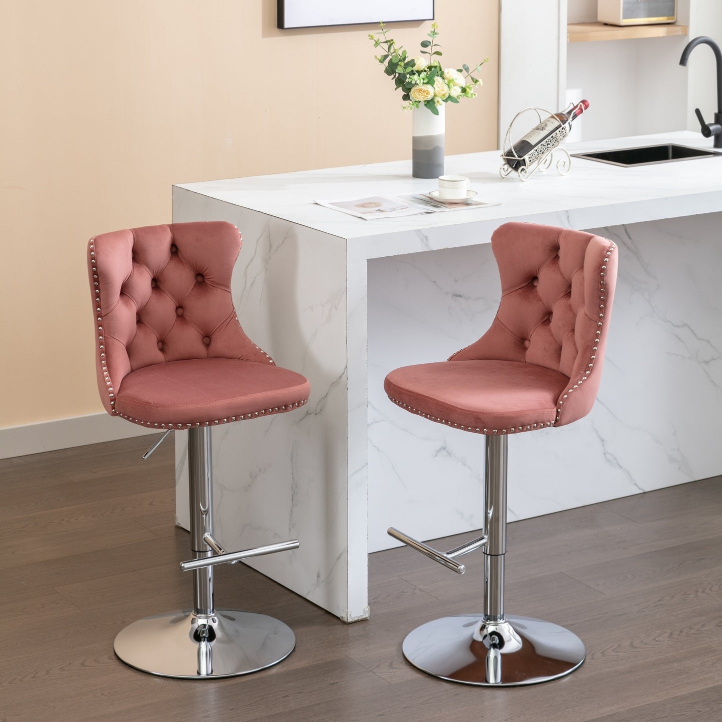 Swivel Velvet Barstools Adjustable 25 To 33 Pink Set Of 2