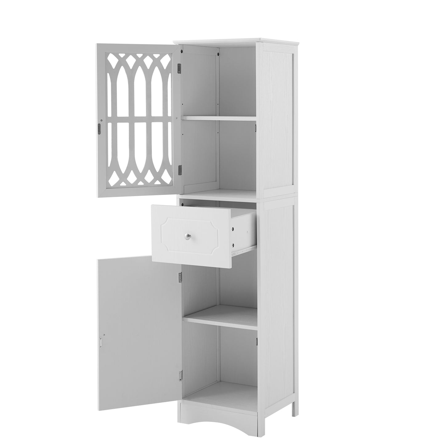 Sleek White Freestanding Bathroom Storage Cabinet with Adjustable Shelves and Drawer