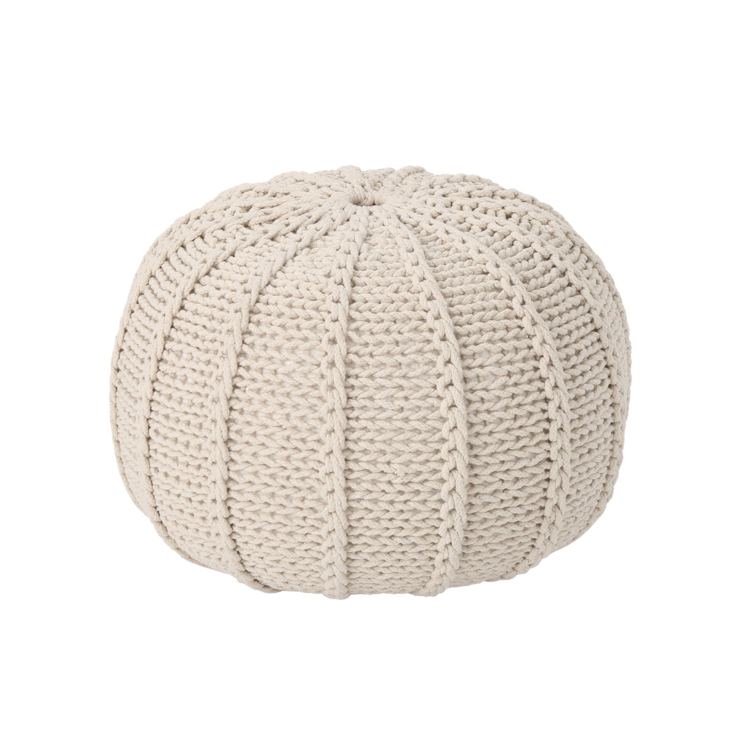 Knitted Cotton Round Pouf Ottoman, 20x20x13 in, Lightweight Floor Cushion, 200 lb Capacity, Beige