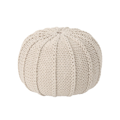 Knitted Cotton Round Pouf Ottoman, 20x20x13 in, Lightweight Floor Cushion, 200 lb Capacity, Beige