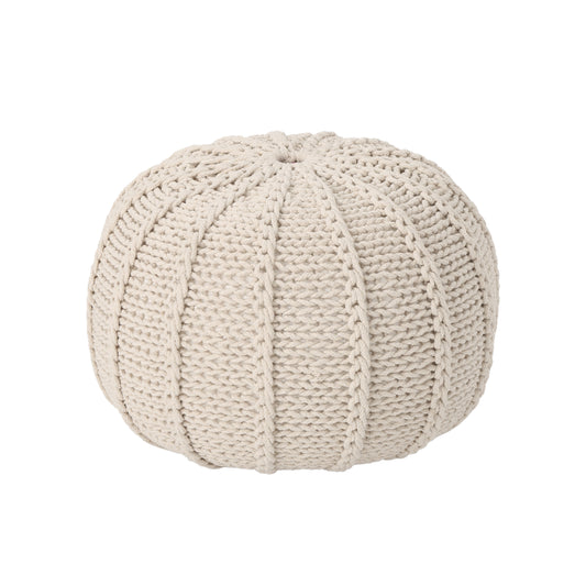 Knitted Cotton Round Pouf Ottoman, 20x20x13 in, Lightweight Floor Cushion, 200 lb Capacity, Beige