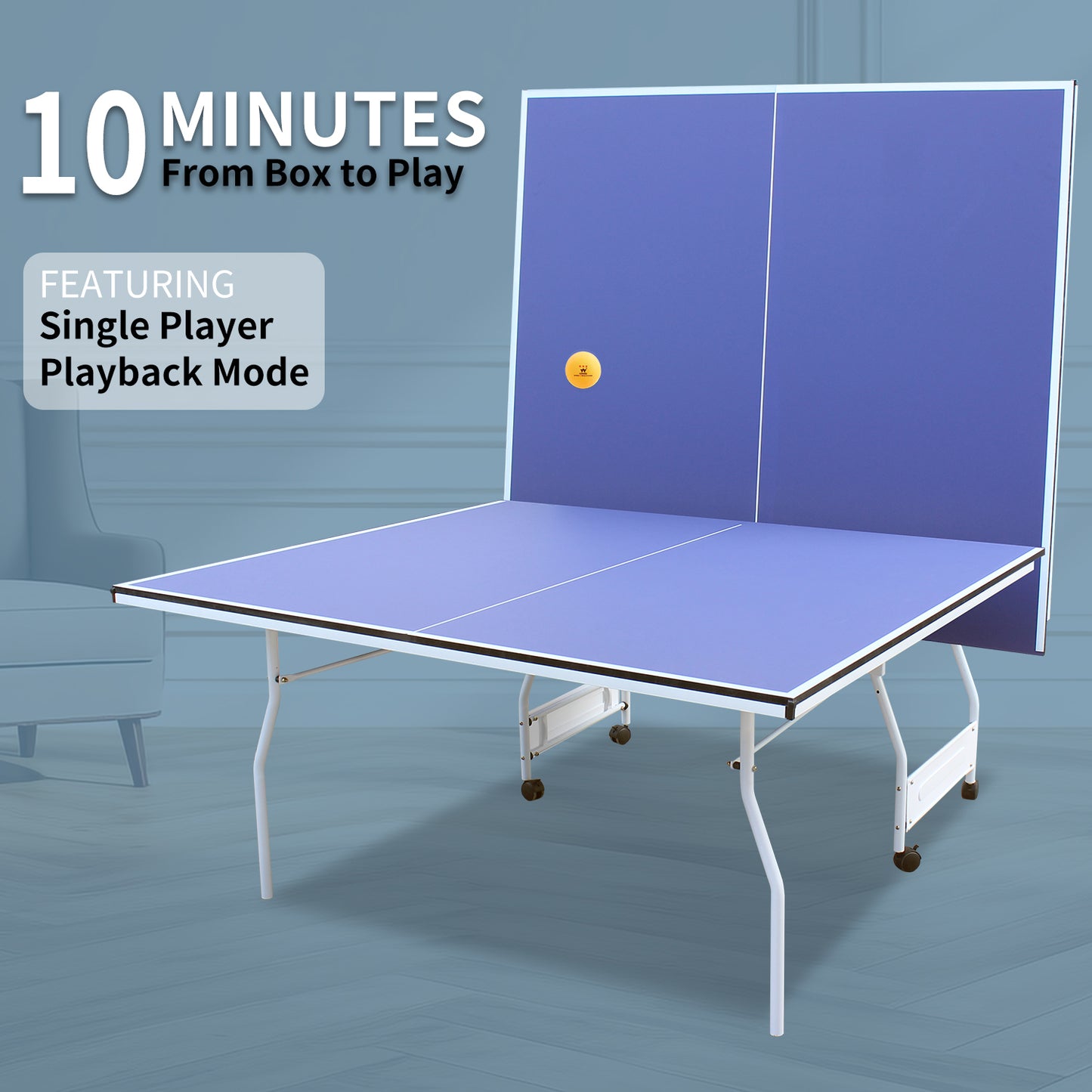 9-Foot Foldable Indoor Table Tennis Table with Net, Regulation-Size Ping Pong, Playback Blue