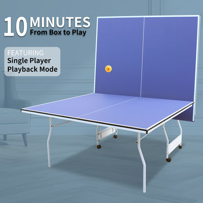 9-Foot Foldable Indoor Table Tennis Table with Net, Regulation-Size Ping Pong, Playback Blue