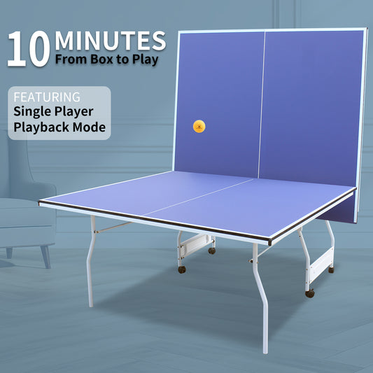 9-Foot Foldable Indoor Table Tennis Table with Net, Regulation-Size Ping Pong, Playback Blue