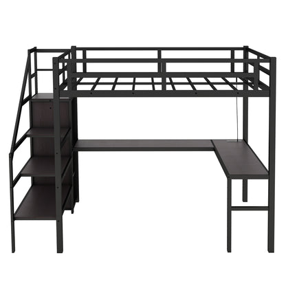 Twin XL Metal Loft Bed with L-shaped Desk, USB Charging Station, Wardrobe, and LED Lights - Stylish Space-Saving Solution for Teens and Adults in Black