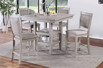 Dining Room Furniture Counter Height 5pc Set Square Table w Shelves Cushion Chairs Modern Style Rustic Grey
