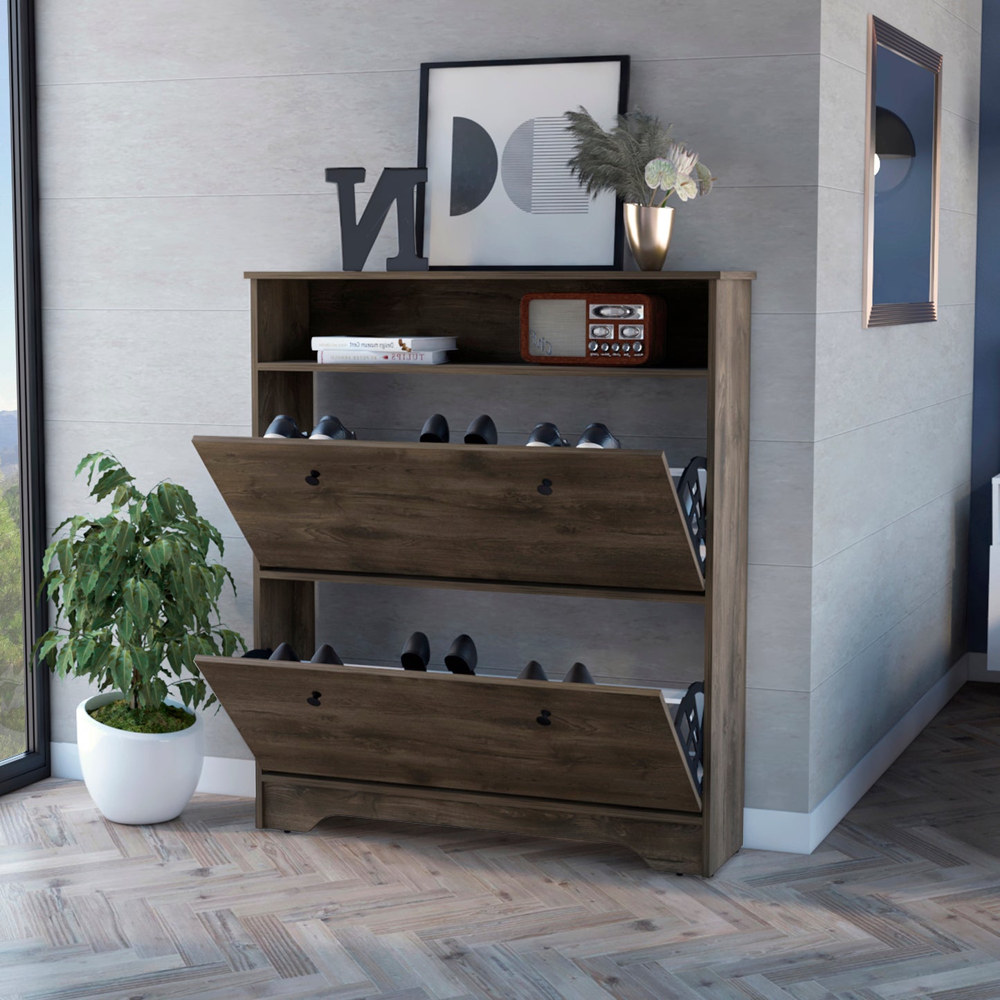 Elegant Dark Brown 2-Tier Shoe Rack with Storage Shelves