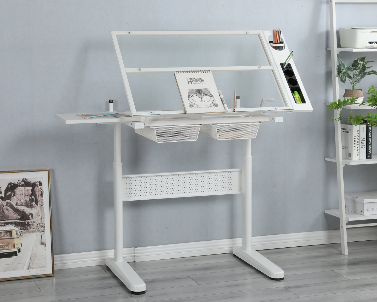 Adjustable Hand Crank Drafting Table with Stool and Dual Metal Drawers (White)