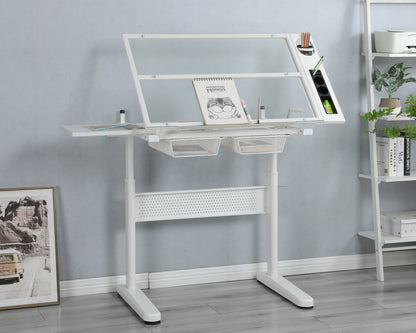 Adjustable Hand Crank Drafting Table with Stool and Dual Metal Drawers (White)