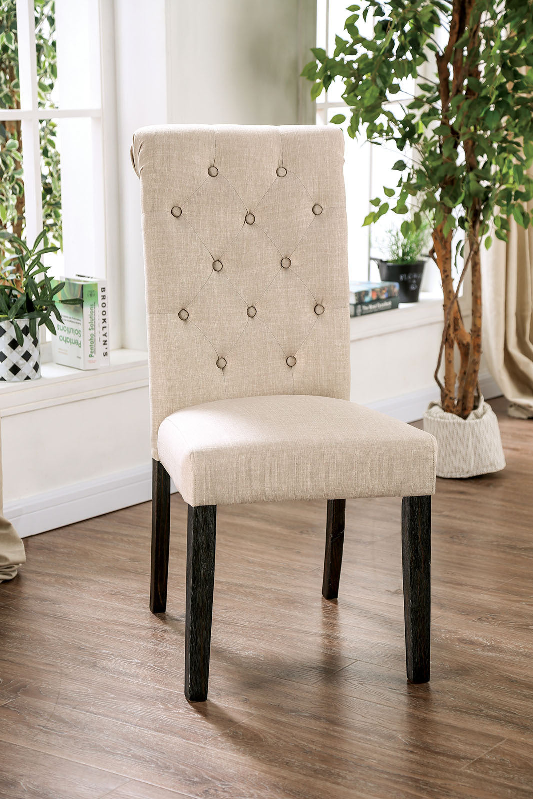 Set of 2 Side Dining Chairs - Button Tufted, Linen-Look, Solid Wood, Scroll Back, Rustic Chairs Ivory