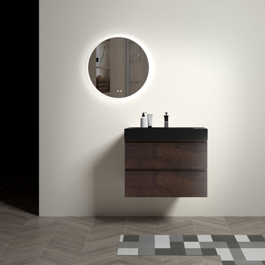 Modern 30" Walnut Floating Bathroom Vanity with Black Sink and Ample Storage