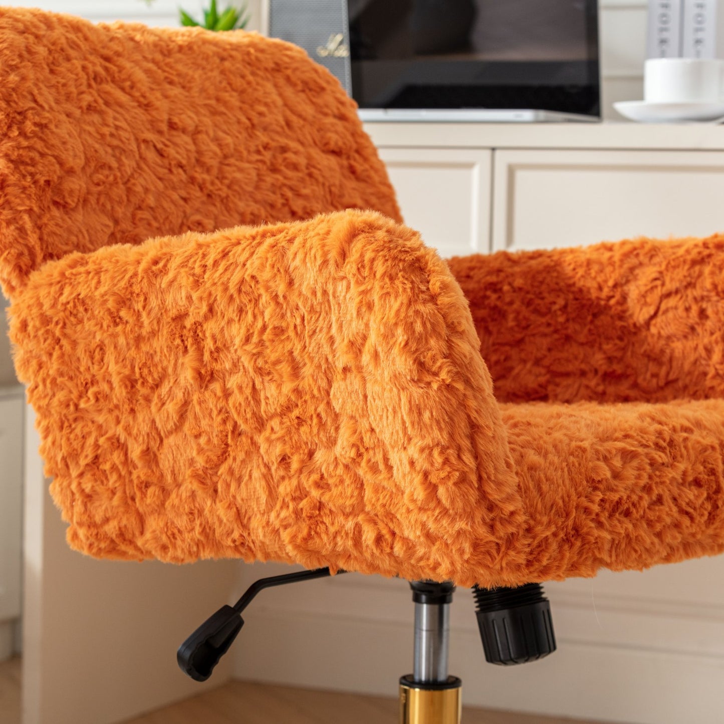 Orange Upholstered Home Office Chair with Golden Base - Adjustable Swivel Vanity Chair Featuring Artificial Rabbit Hair and Reclining Chassis