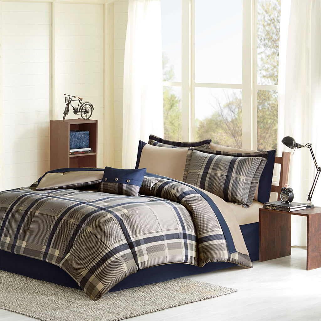 Queen Plaid Comforter Set with Sheets - Microfiber, Hypoallergenic, OEKO-TEX, Easy Care Navy Multi